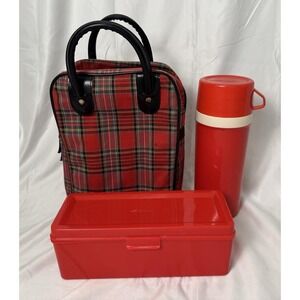 Vintage Aladdin Red Tartan Plaid Picnic Set Qt Thermos Lunch Box Zip Carry Bag